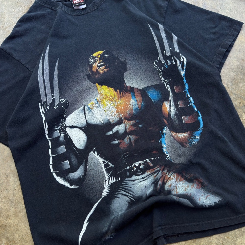 Vintage Y2K Mad Engine Marvel Wolverine‎ Crazy AOP Graphic T Shirt Black LG z1